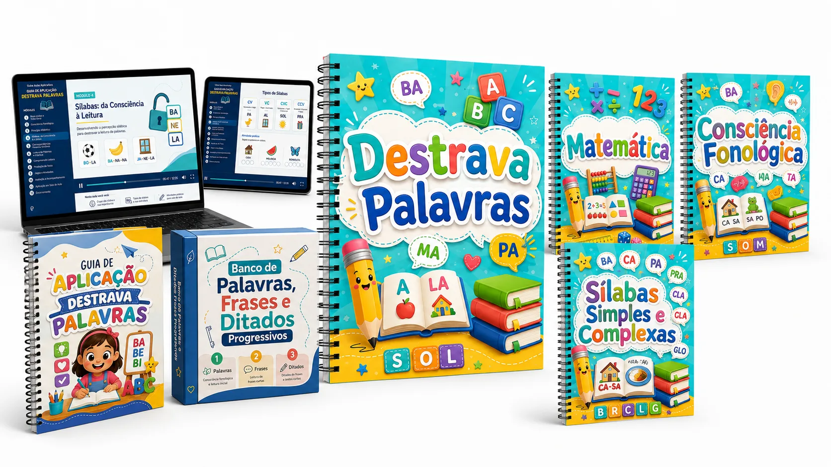 Mockup dos materiais Destrava Palavras: guia de aplicação, banco de palavras, apostilas e aulas em vídeo